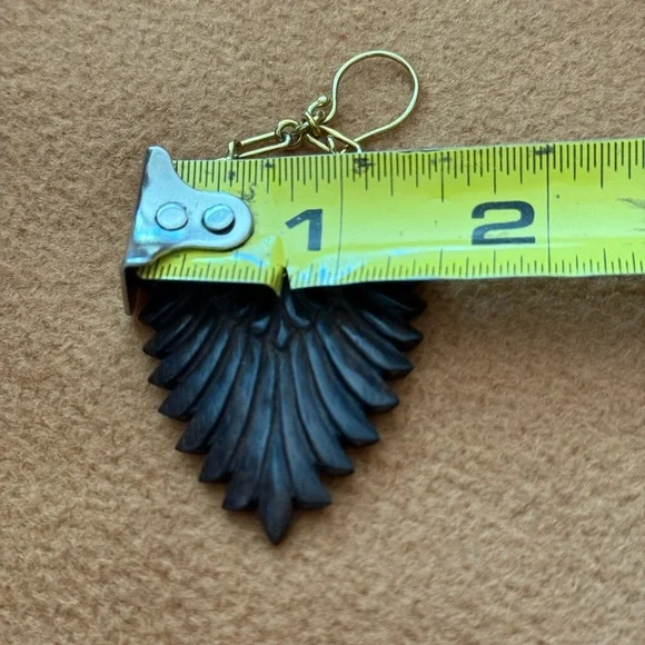 Gold Toned Trim Dark Wood Earrings Feather Style Earrings Hand Carved In Bali - Picture 7 of 9